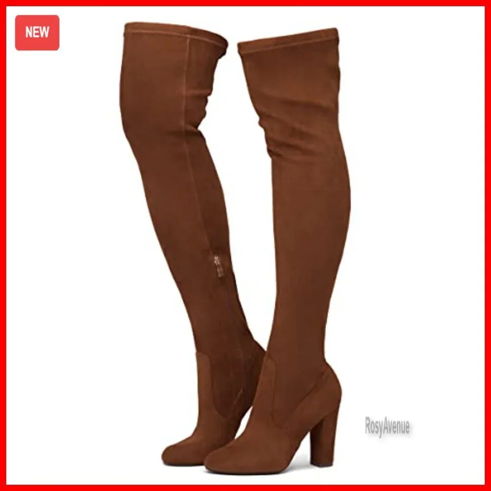 Women's Over the Knee Thigh High Boots Chunky Block Heels Stretch Vegan Suede